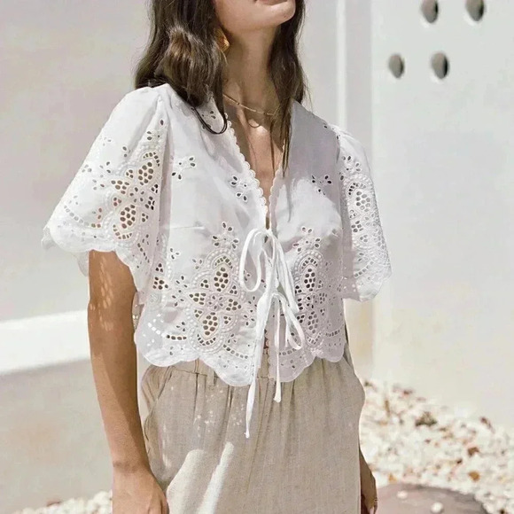 White Boho Women's Summer Ruffle Sleeve Embroidery Fabric Lace Up Short Top - Picture 5 of 6